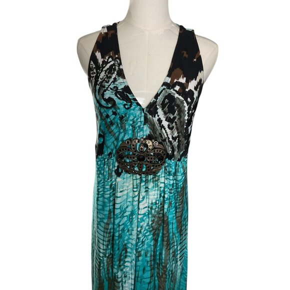R&M Richards Size 8 Maxi Dress Teal Brown Abstract Print V Neck Belted - Picture 10 of 13